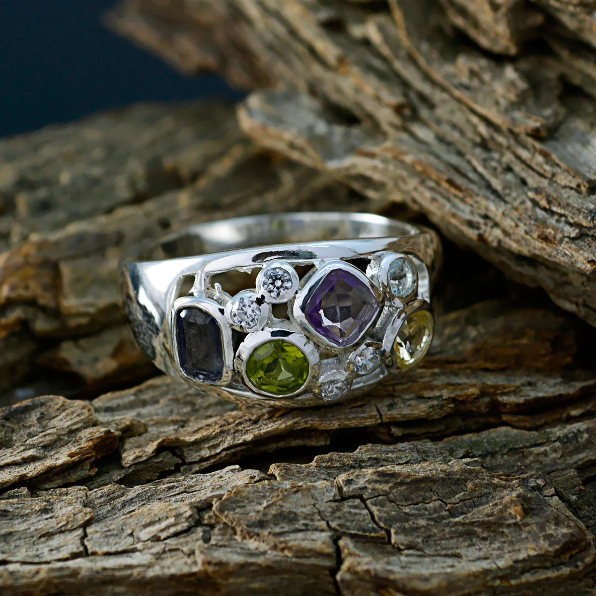 Multi Stone quarter Egyptian 925 Silver multicolor Gemstone Eye-catching Modern Ring Jewelry - Image 3