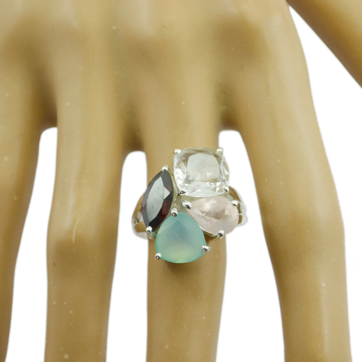 Multi Stone quarter French 925 Silver multicolor Gemstone Versatile Cocktail Ring Jewelry - Image 2