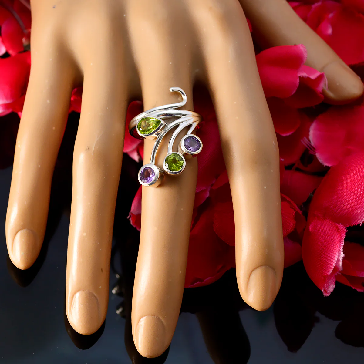Multi Stone quarter French 925 Silver multicolor Gemstones Classic Contemporary Ring Jewelry - Image 5