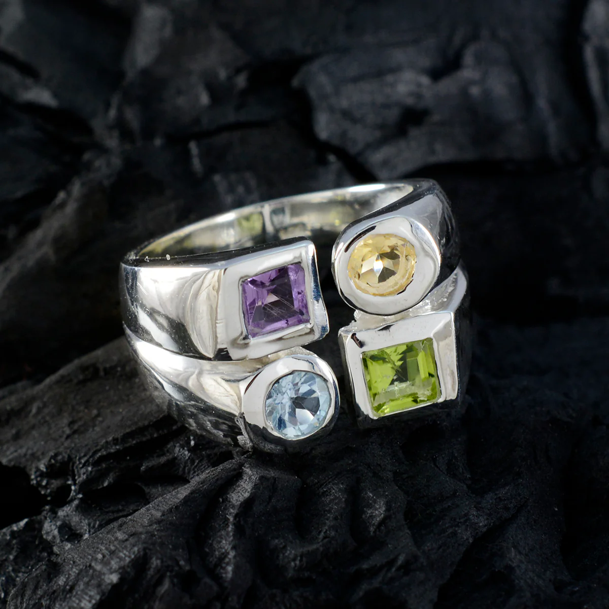 Multi Stone quarter Italian 925 Sterling Silver multicolor Gemstone Chunky Cocktail Ring Jewelry - Image 4