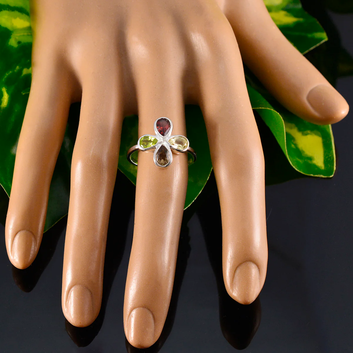 Multi Stone quarter Japanese 92.5 Silver multicolor Gemstones Dainty Floral Ring Jewelry - Image 5