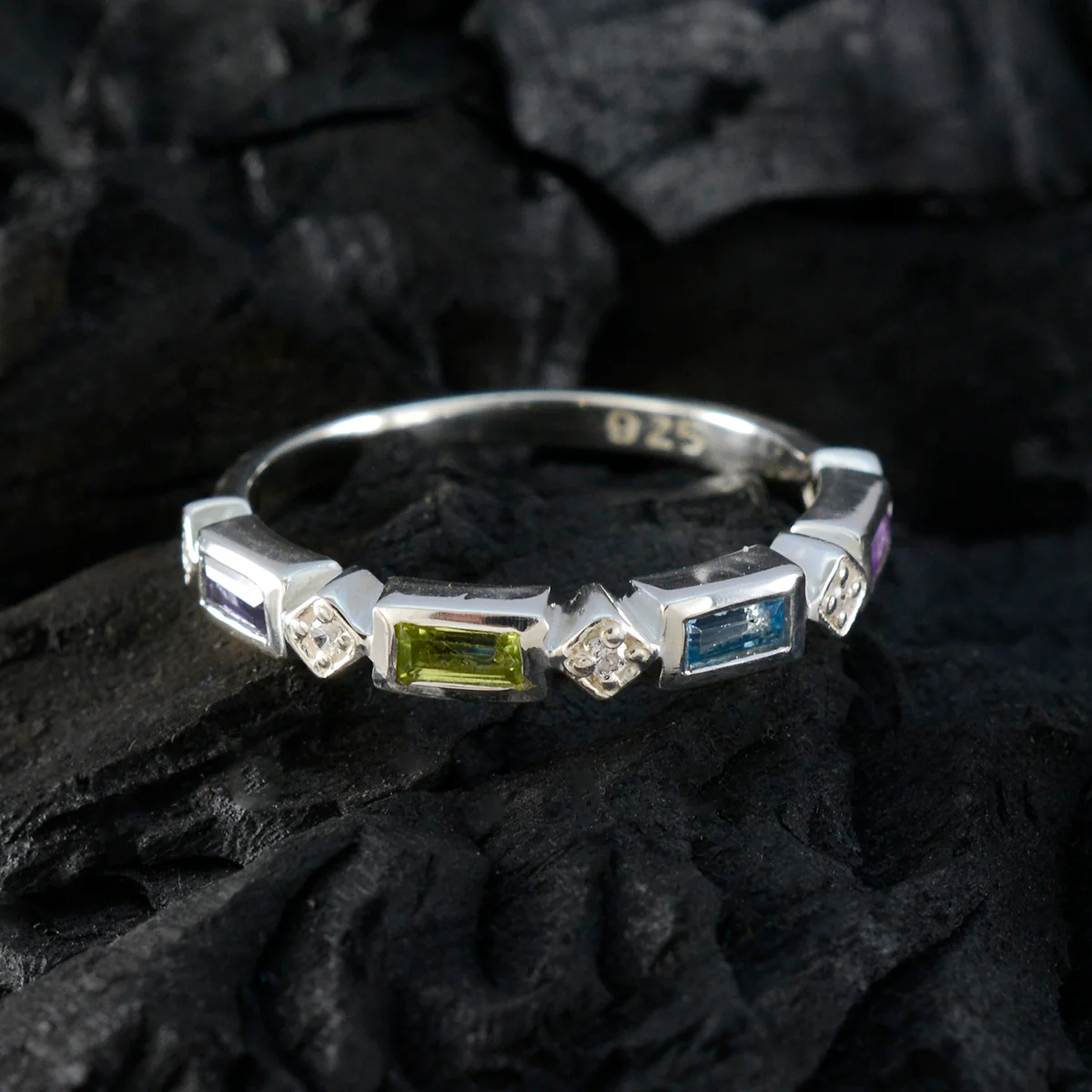 Multi Stone quarter Japanese 925 Sterling Silver multicolor Gemstone Dainty Trendy Band Jewelry - Image 4
