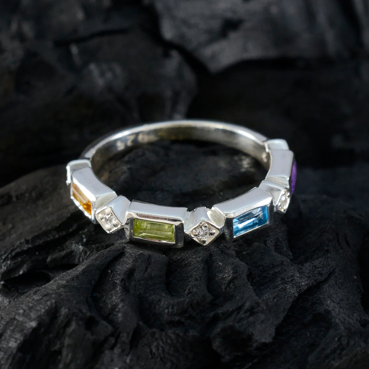 Multi Stone quarter Japanese 925 Sterling Silver multicolor Gemstones Dainty Trendy Band Jewellery - Image 4