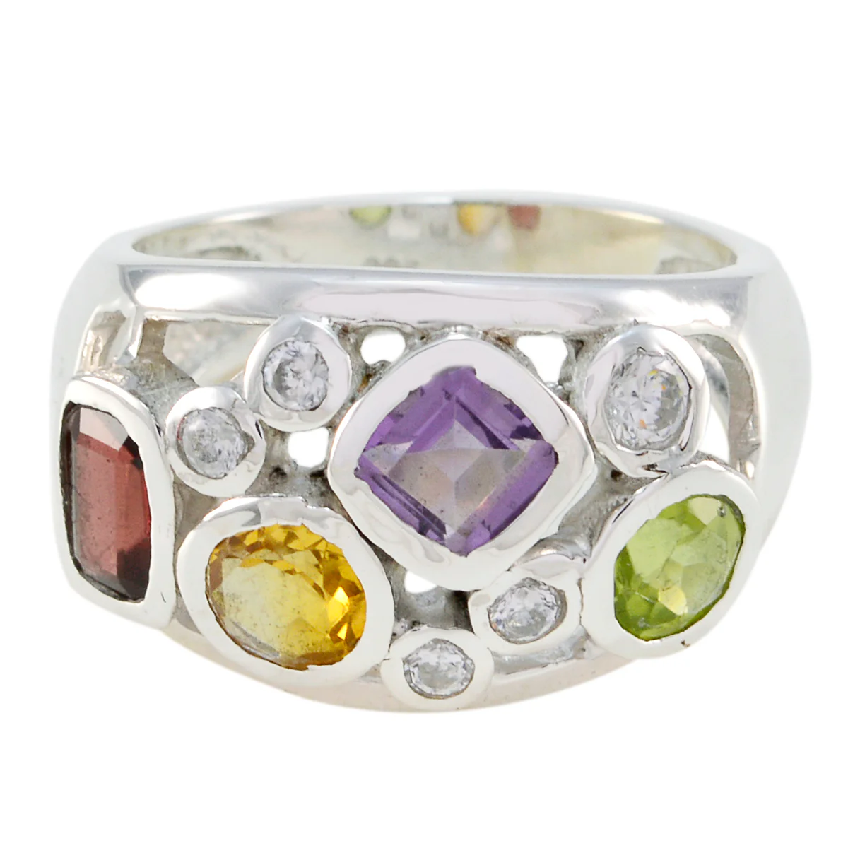 Multi Stone quarter Russian Silver multicolor Gemstones Eye-catching Abstract Ring Jewelry