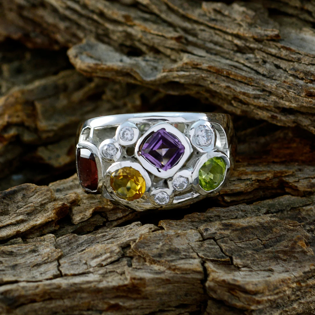 Multi Stone quarter Russian Silver multicolor Gemstones Eye-catching Abstract Ring Jewelry - Image 3
