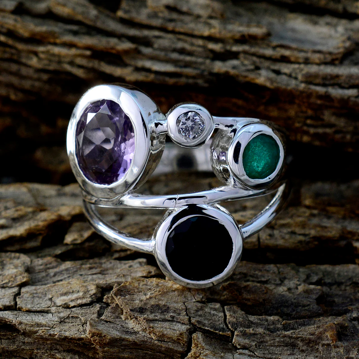 Multi Stone quarter Russian Sterling Silver multicolor Gemstones Minimal Abstract Ring Jewellery - Image 3