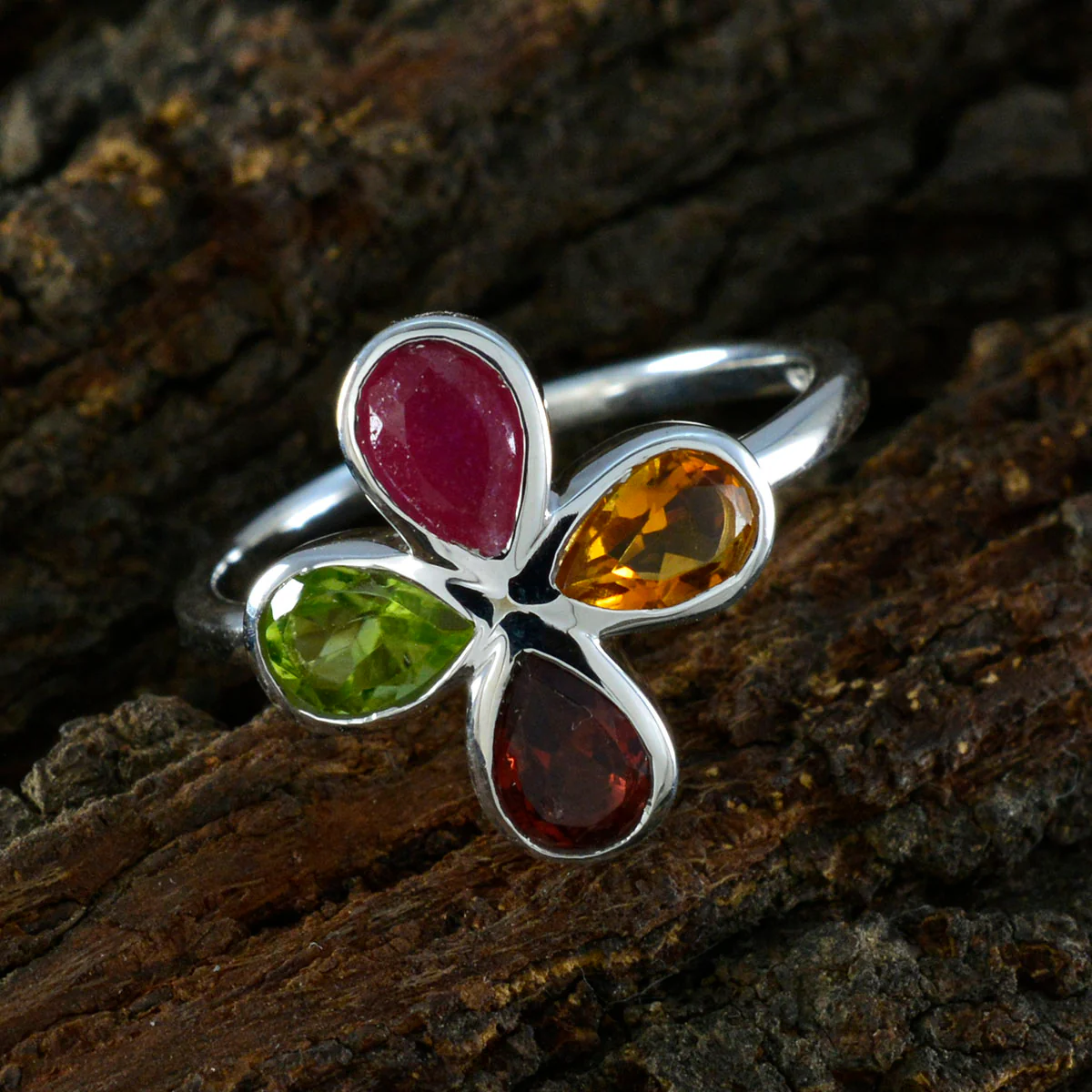 Multi Stone quarter Turkish 925 Sterling Silver multicolor Gems Dainty Floral Ring Jewellery - Image 3