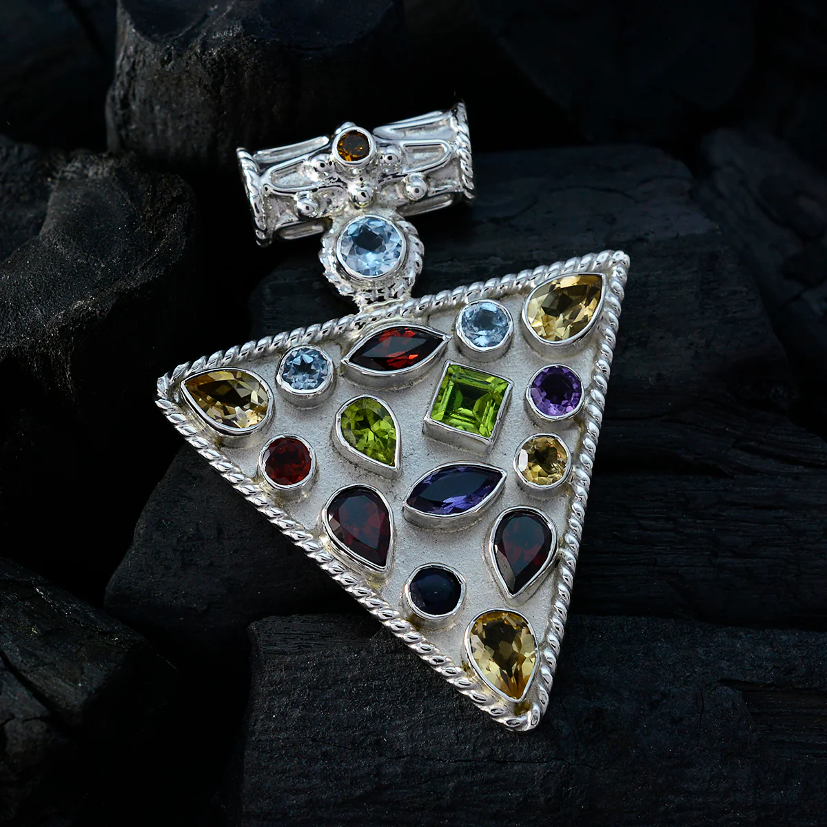 Multi Stone Statement Latin American 925 Silver Solitaire María Rope-Wire multicolor Pendant Jewelry - Image 3