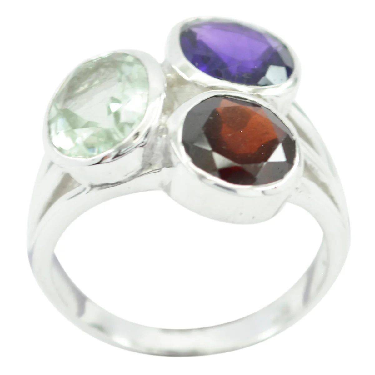 Multi Stone Trilogy African 925 Silver multicolor Gems Mid-weight Cocktail Ring Jewelry