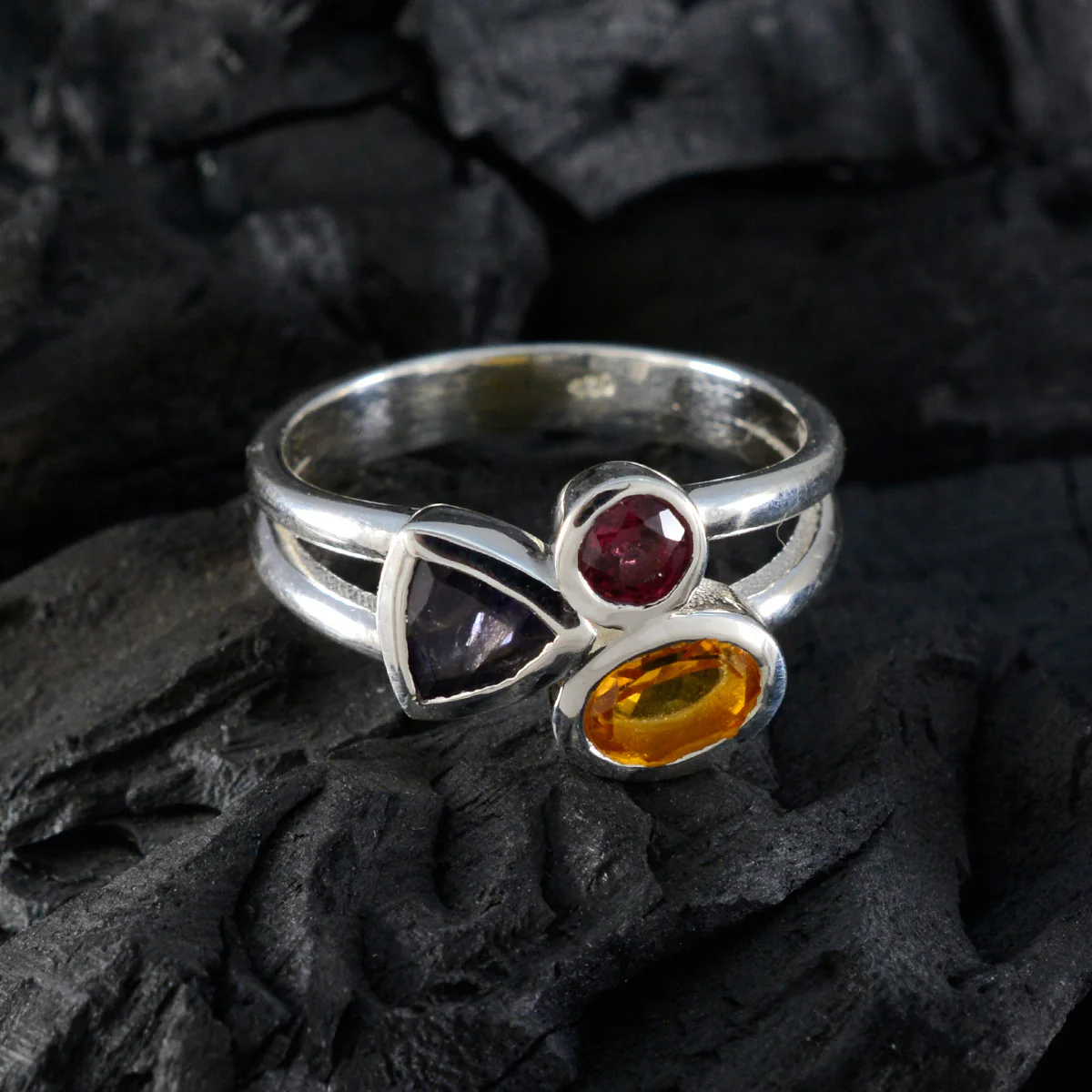 Multi Stone Trilogy Egyptian 92.5 Silver multicolor Gemstones Minimal Luxurious Ring Jewellery - Image 4