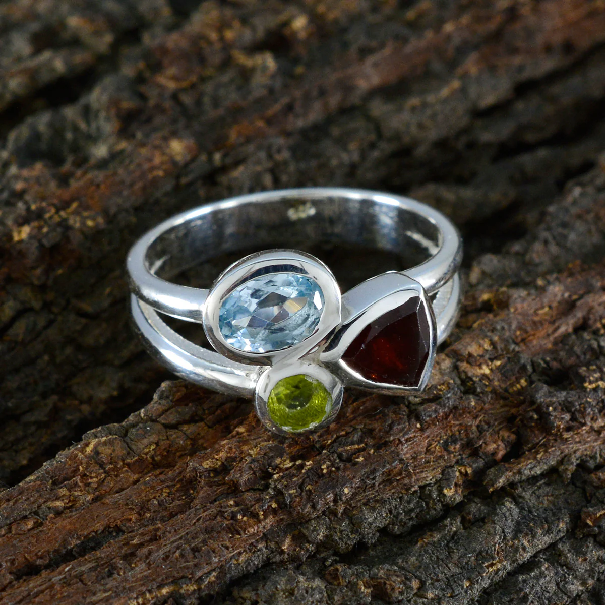 Multi Stone Trilogy French 925 Silver multicolor Gemstones Minimal Boho Ring Jewellery - Image 3