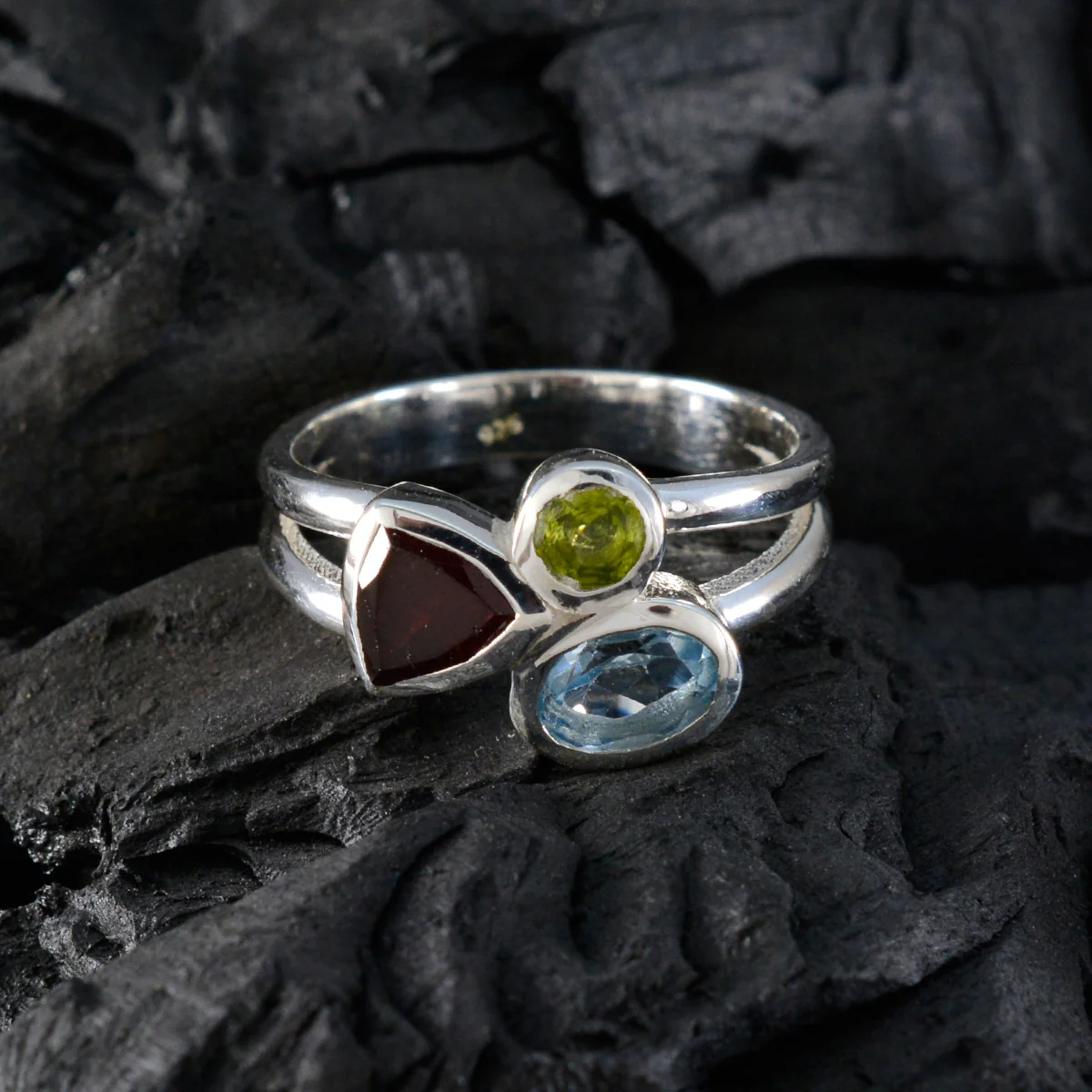 Multi Stone Trilogy French 925 Silver multicolor Gemstones Minimal Boho Ring Jewellery - Image 4