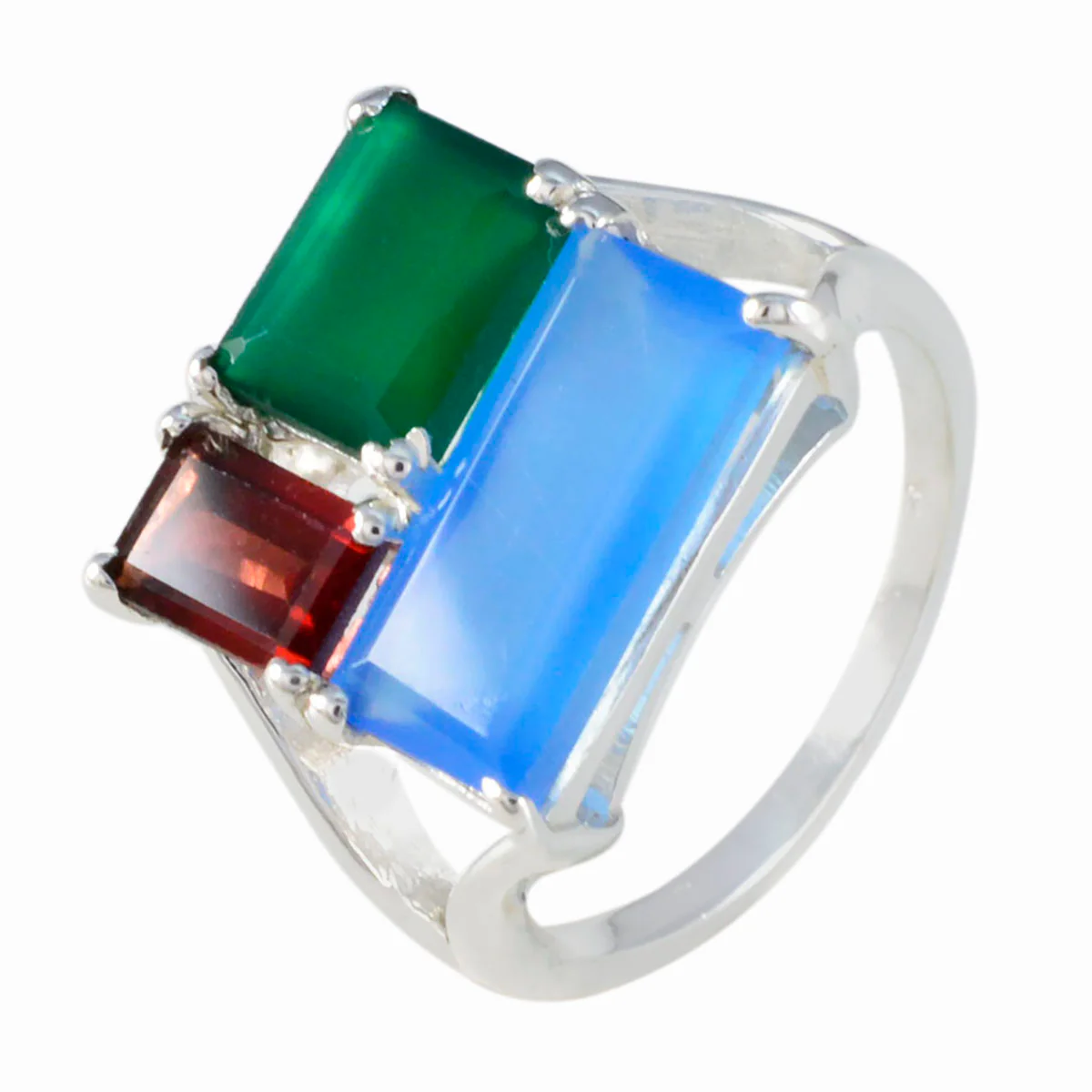Multi Stone Trilogy French 925 Sterling Silver multicolor Gems Classic Cocktail Ring Jewellery - Image 2