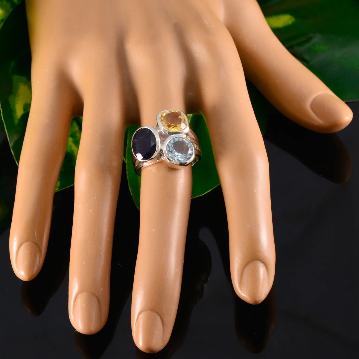 Multi Stone Trilogy French Silver multicolor Gems Eye-catching Cocktail Ring Jewellery - Image 5