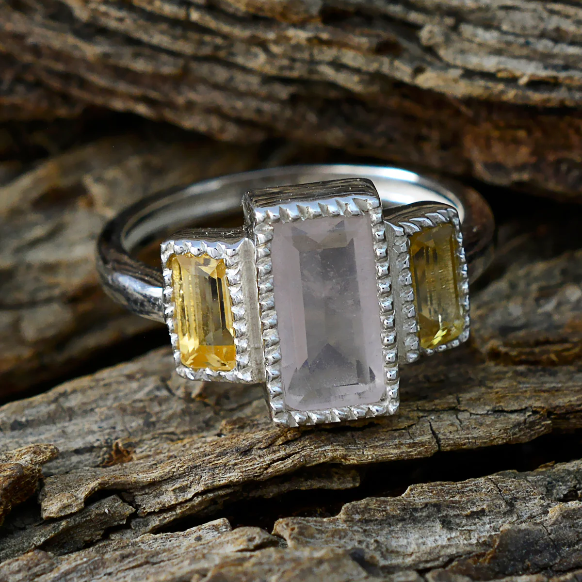 Multi Stone Trilogy French Silver multicolor Gems Featherlight Luxurious Ring Jewelry - Image 3