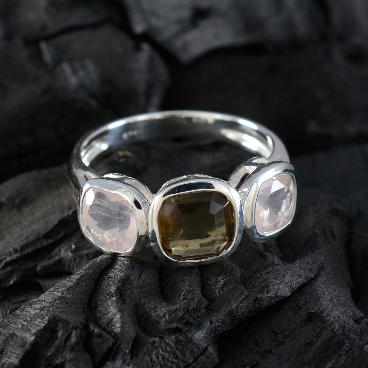Multi Stone Trilogy German 92.5 Silver multicolor Gemstones Slim Modern Ring Jewellery - Image 4