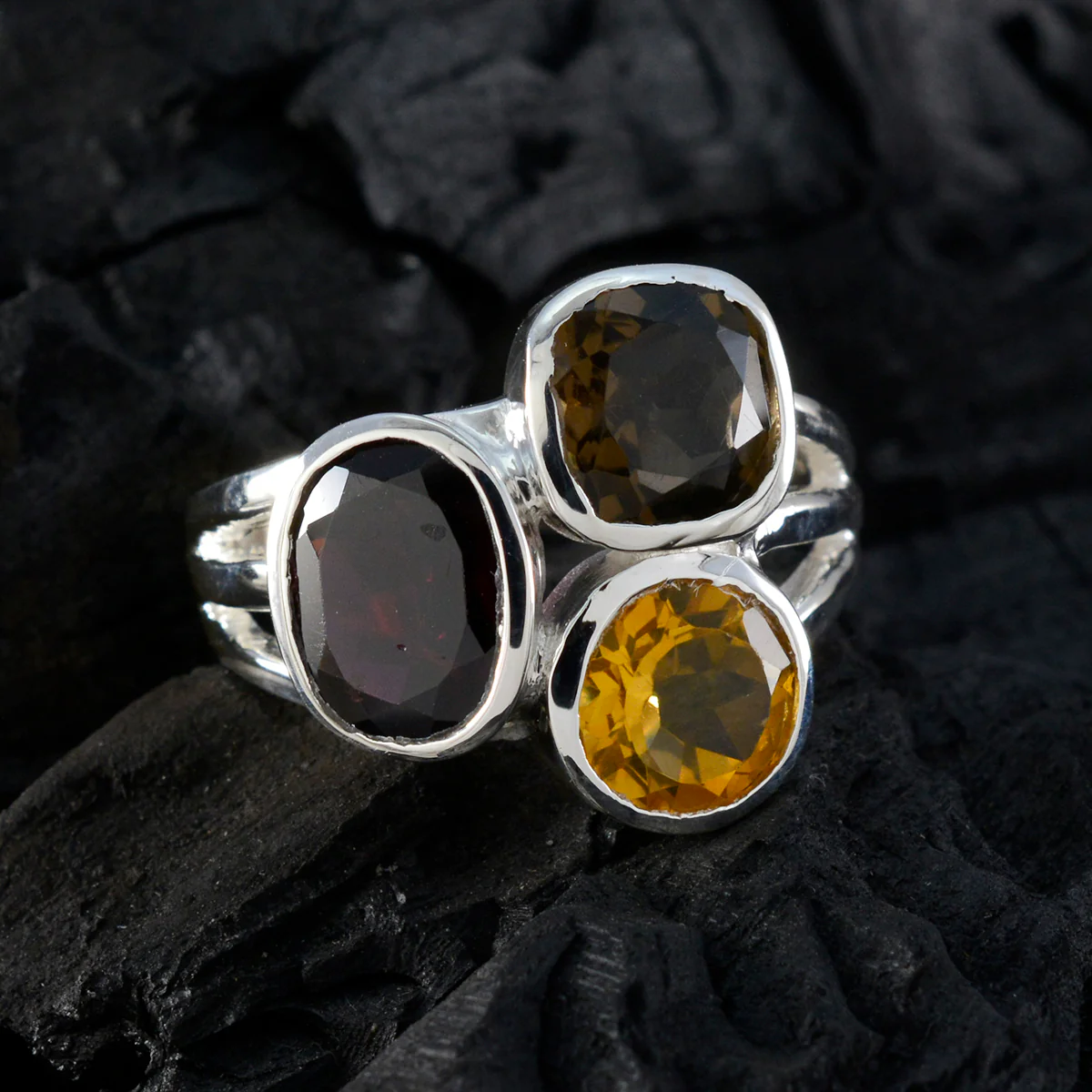 Multi Stone Trilogy German 925 Silver multicolor Gemstones Eye-catching Cocktail Ring Jewelry - Image 4