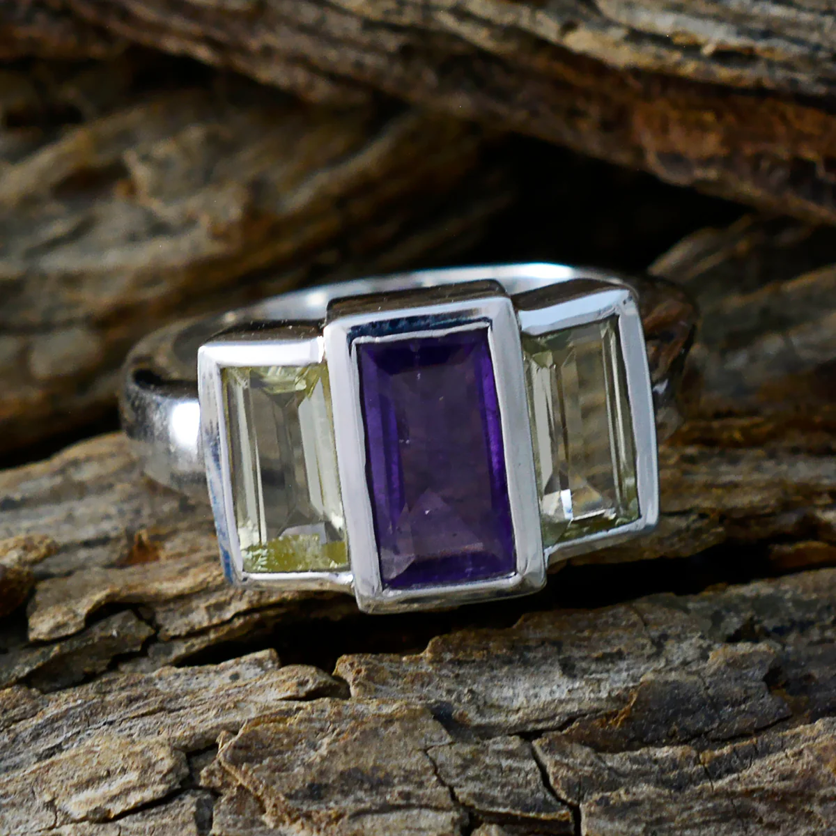 Multi Stone Trilogy German Silver multicolor Gems Minimal Modern Ring Jewellery - Image 3