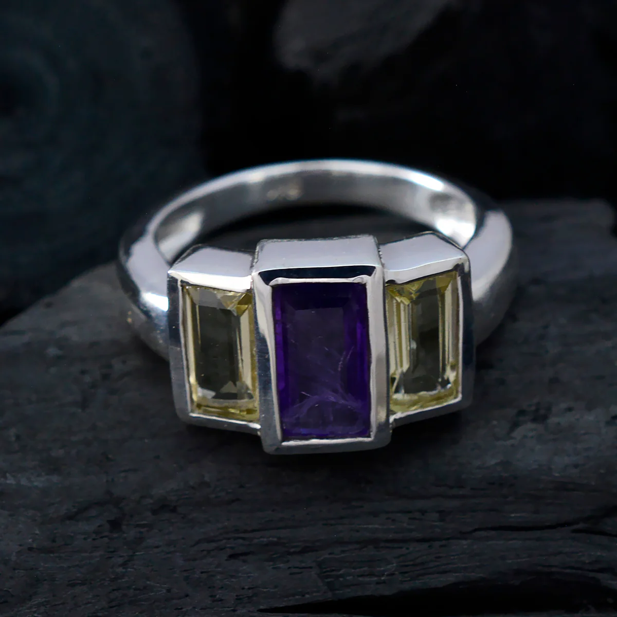 Multi Stone Trilogy German Silver multicolor Gems Minimal Modern Ring Jewellery - Image 4