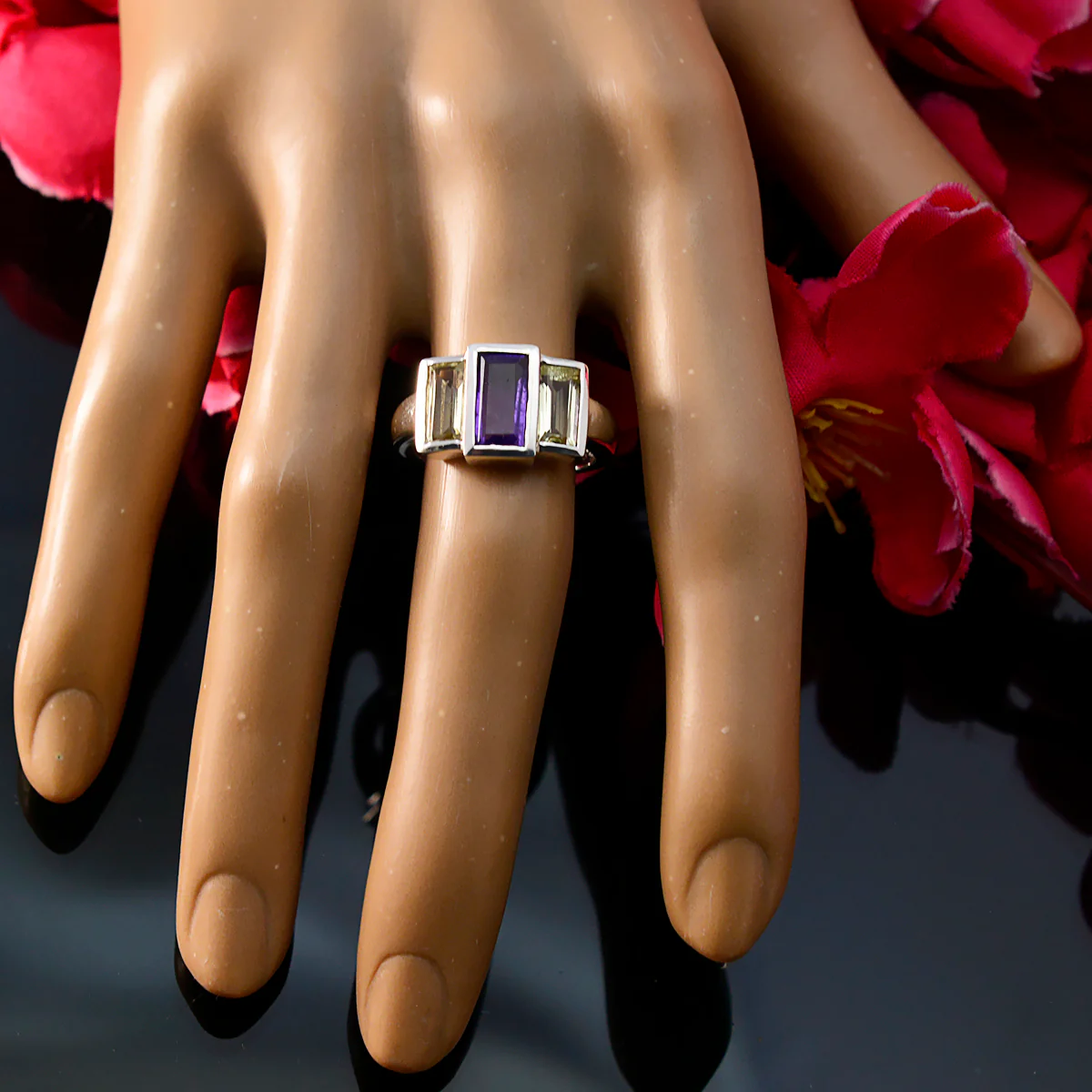 Multi Stone Trilogy German Silver multicolor Gems Minimal Modern Ring Jewellery - Image 5
