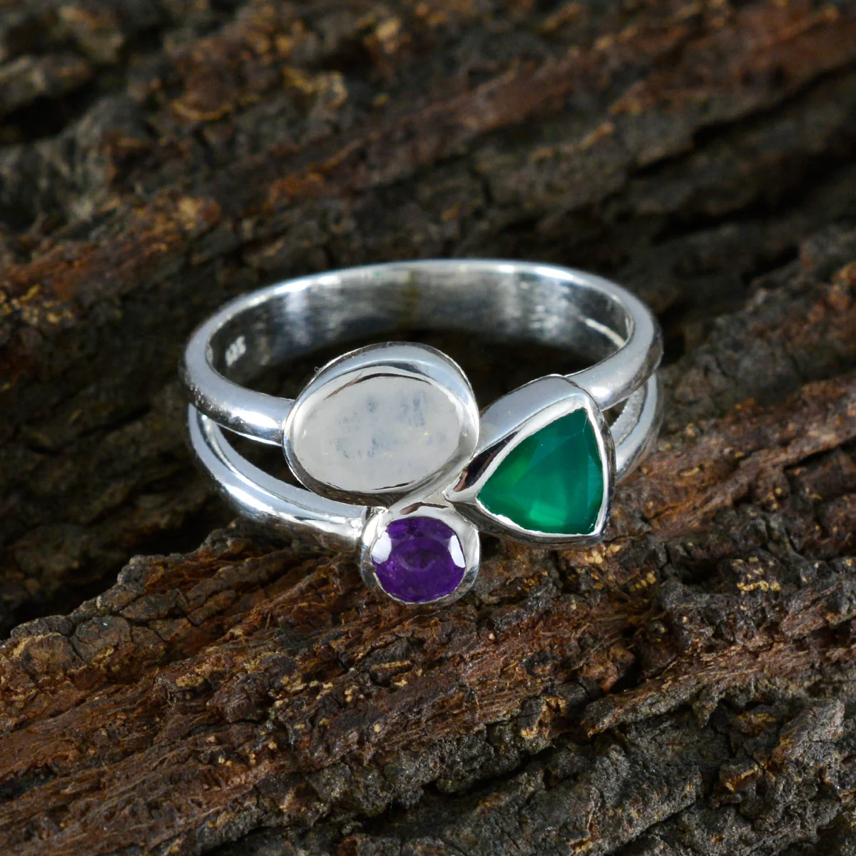 Multi Stone Trilogy German Sterling Silver multicolor Gemstones Minimal Sophisticated Ring Jewellery - Image 3