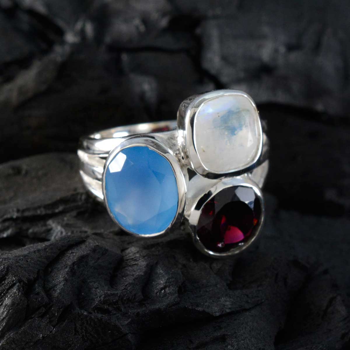 Multi Stone Trilogy Indian 925 Silver multicolor Gemstones Eye-catching Cocktail Ring Jewellery - Image 4