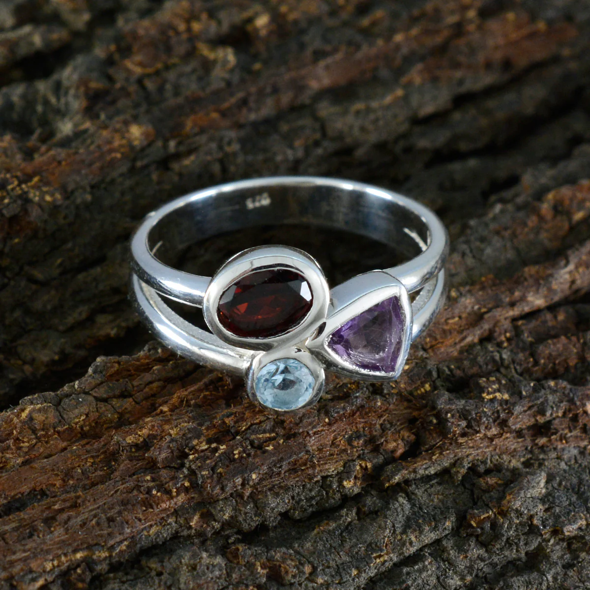 Multi Stone Trilogy Indian 925 Sterling Silver multicolor Gemstone Minimal Romantic Ring Jewellery - Image 3