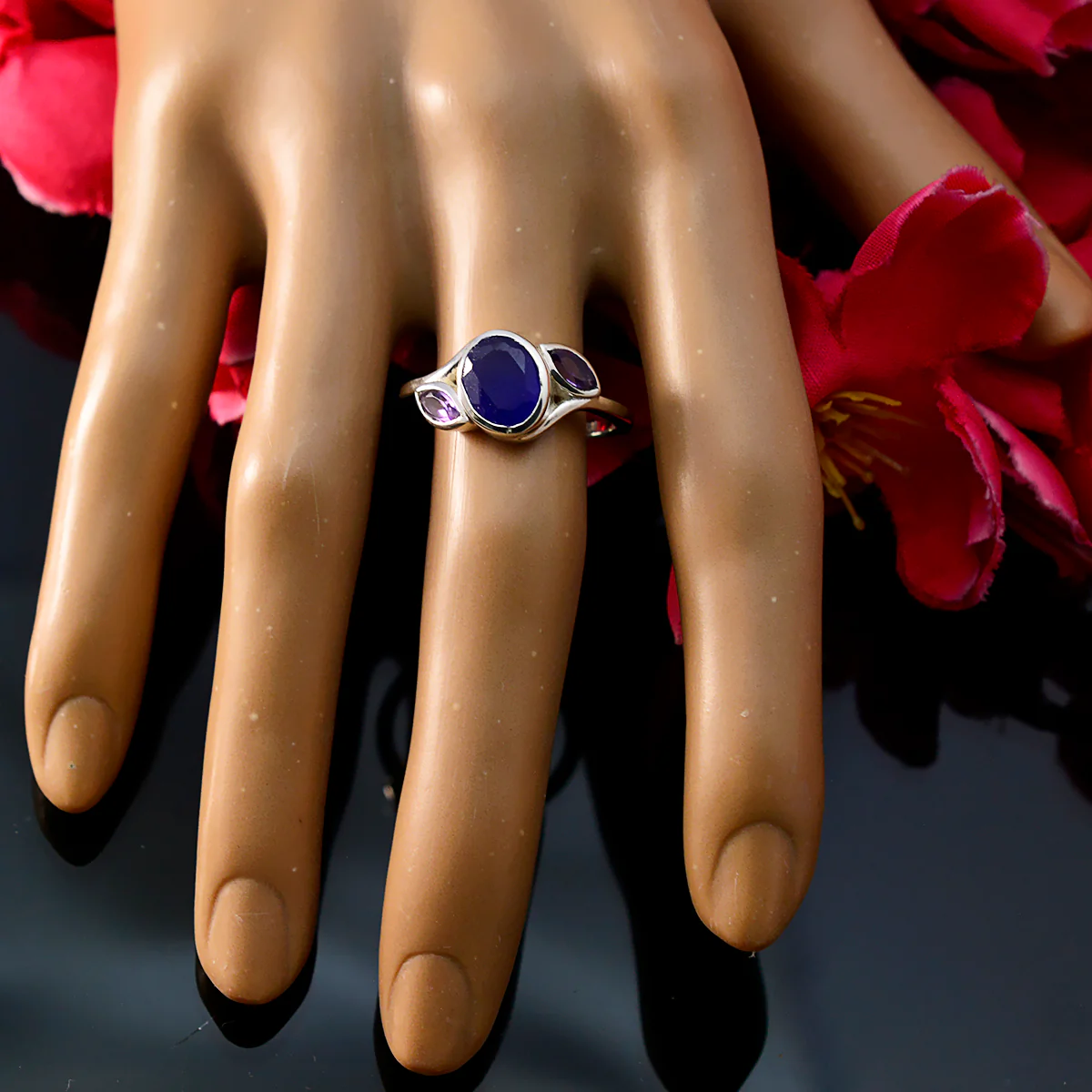 Multi Stone Trilogy Moroccan 925 Silver multicolor Gems Slim Graceful Ring Jewelry - Image 5