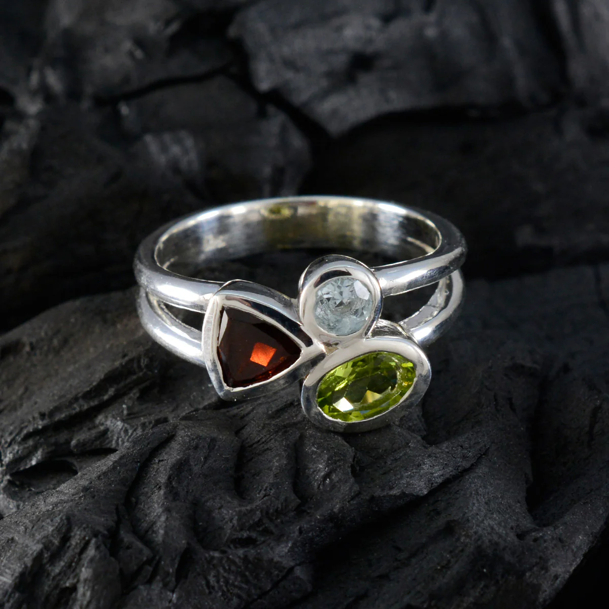 Multi Stone Trilogy Moroccan 925 Silver multicolor Gemstone Minimal Fairytale Ring Jewelry - Image 4