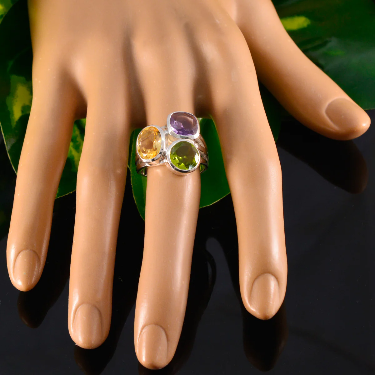 Multi Stone Trilogy Russian 925 Silver multicolor Gems Eye-catching Cocktail Ring Jewelry - Image 5