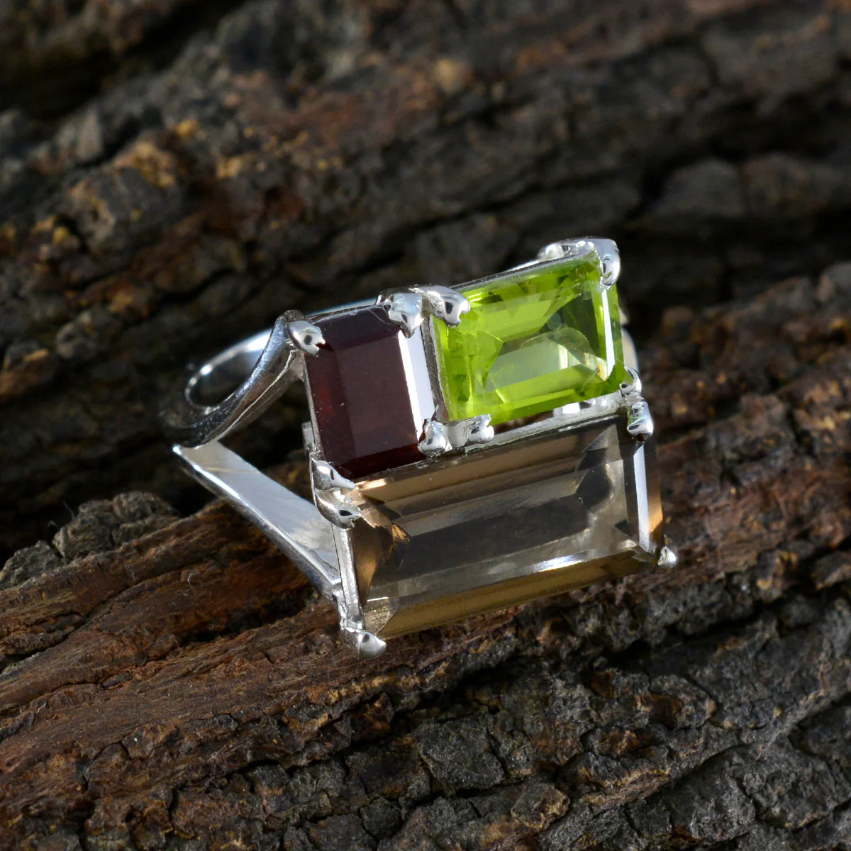 Multi Stone Trilogy Russian 925 Silver multicolor Gemstones Classic Trendy Ring Jewellery - Image 3