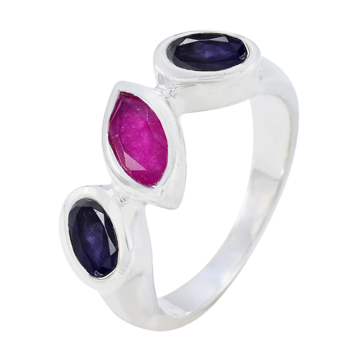 Multi Stone Trilogy Russian Silver multicolor Gemstone Minimal Boho Ring Jewelry - Image 2