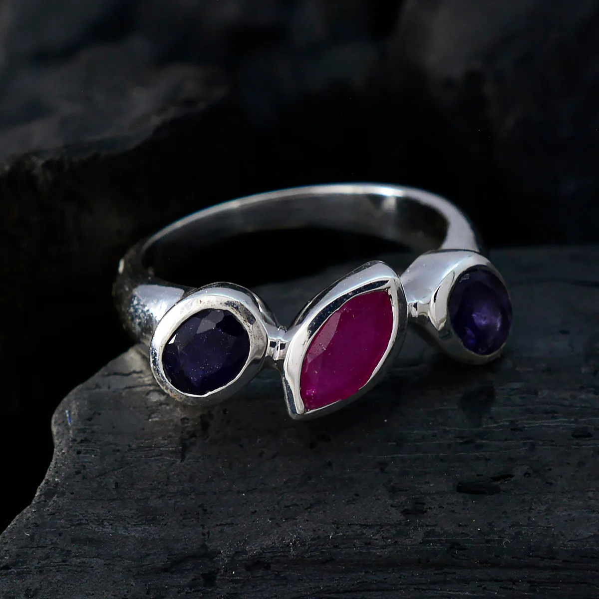 Multi Stone Trilogy Russian Silver multicolor Gemstone Minimal Boho Ring Jewelry - Image 4