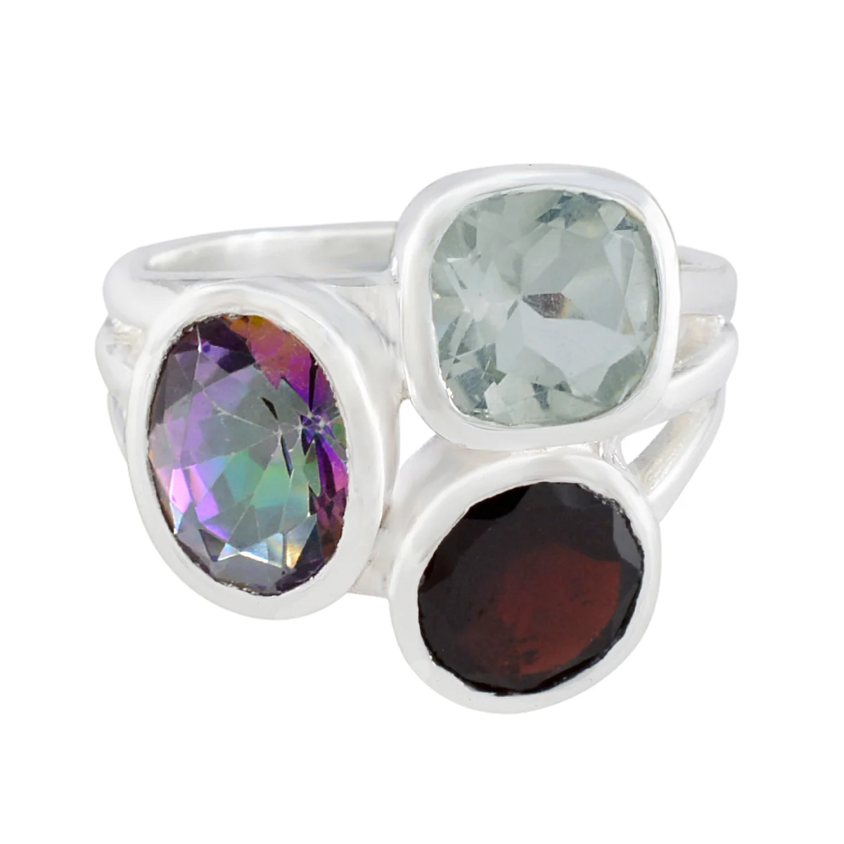 Multi Stone Trilogy Russian Silver multicolor Gemstones Eye-catching Cocktail Ring Jewellery
