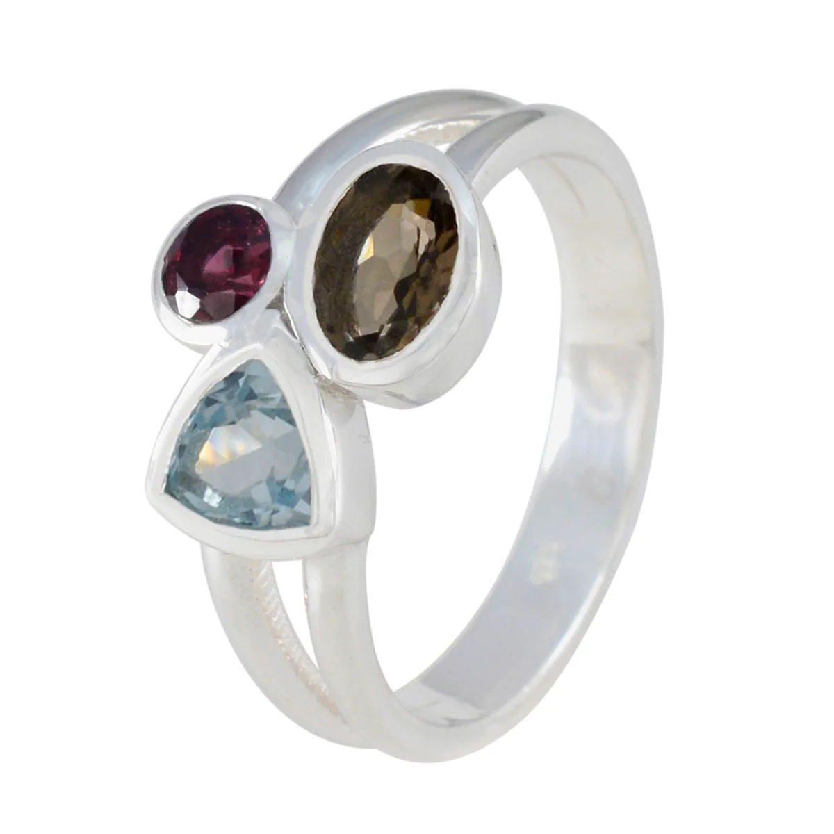 Multi Stone Trilogy Russian Sterling Silver multicolor Gems Minimal Love Ring Jewellery - Image 2
