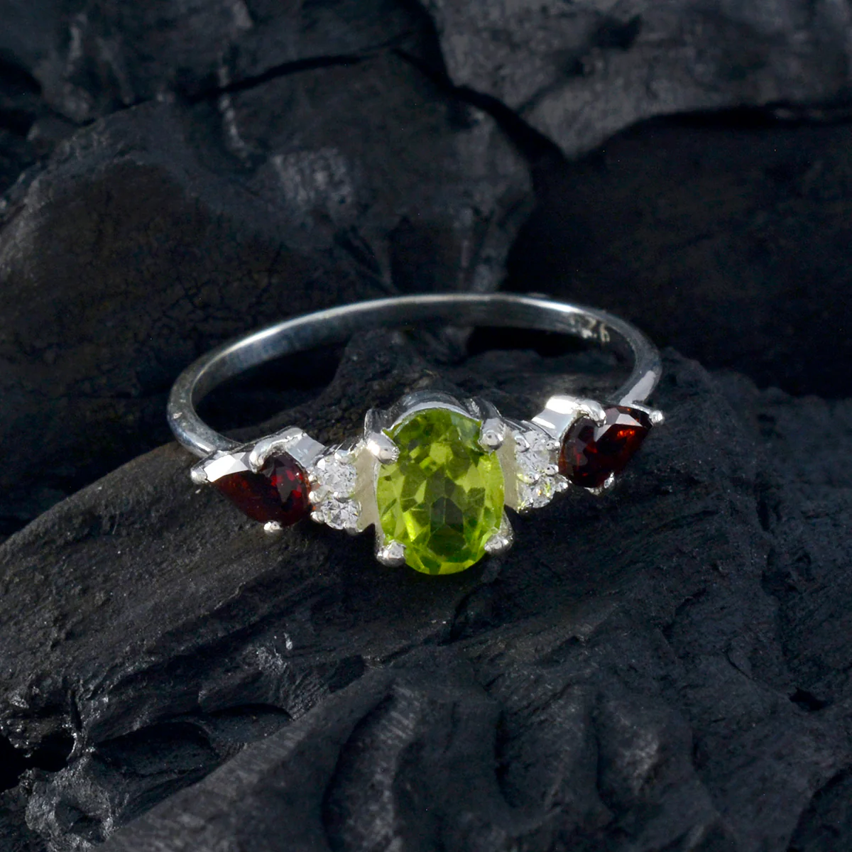 Multi Stone Trilogy Turkish 92.5 Silver multicolor Gemstones Delicate Abstract Ring Jewellery - Image 4