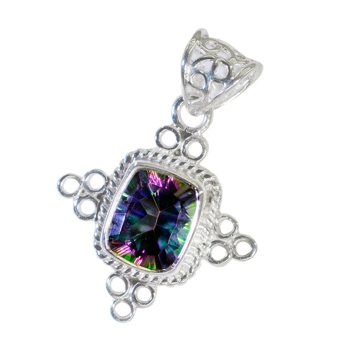 Mystic Quartz Featherlight Latin American Sterling Silver Solitaire Hazel Rope-Wire multicolor Pendant Jewellery - Image 3
