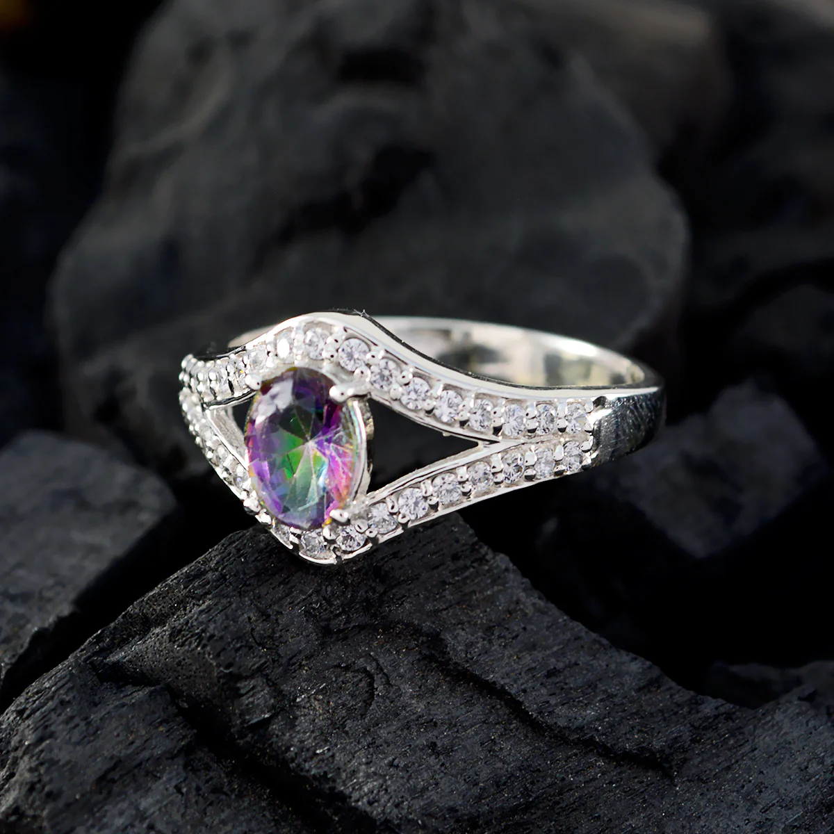 Mystic Quartz Halo African 925 Sterling Silver multicolor Gemstone Tiny Abstract Ring Jewellery - Image 4