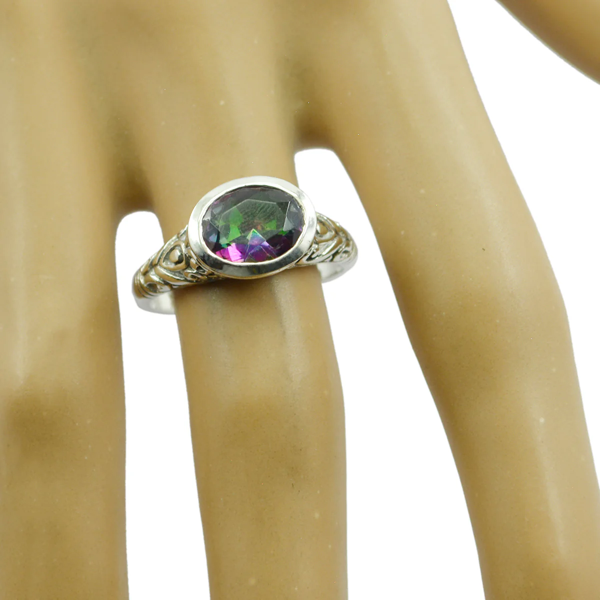 Mystic Quartz Solitaire Egyptian Silver multicolor Gems Minimal Art Deco Ring Jewelry - Image 2
