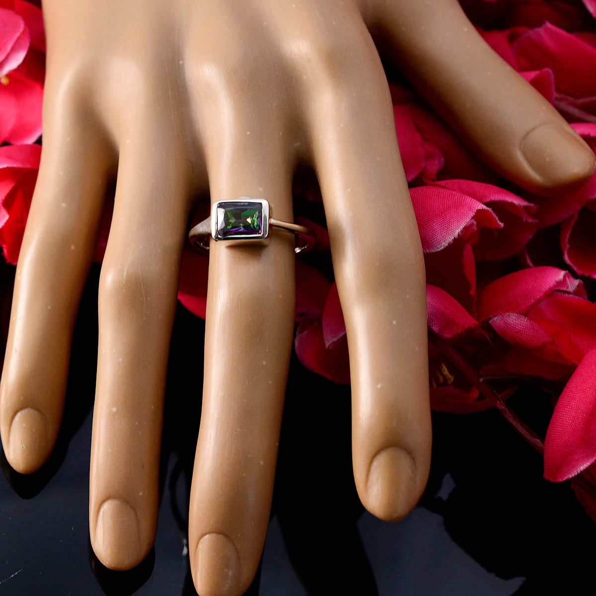 Mystic Quartz Solitaire French Silver multicolor Gemstones Featherlight Graceful Ring Jewelry - Image 5