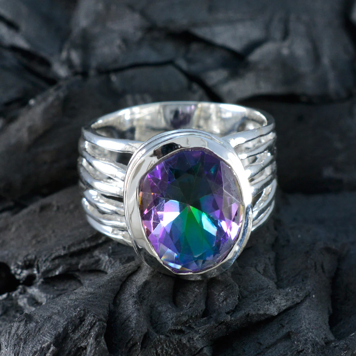 Mystic Quartz Solitaire Italian Silver multicolor Gems Statement Armor Ring Jewellery - Image 4