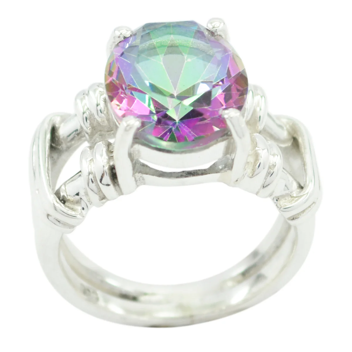 Mystic Quartz Solitaire Middle Eastern Sterling Silver multicolor Gems Eye-catching Rope-Wire Ring Jewellery