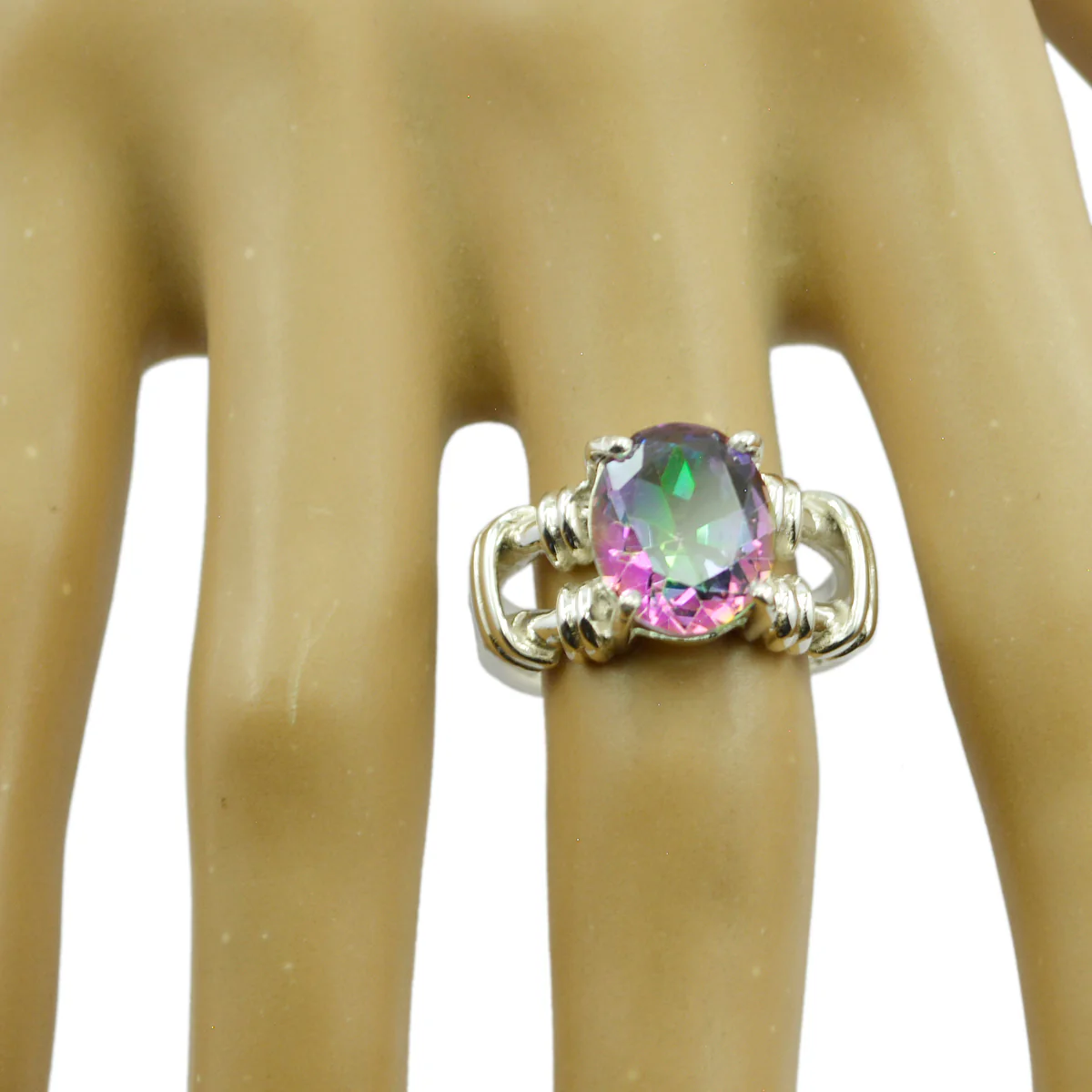 Mystic Quartz Solitaire Middle Eastern Sterling Silver multicolor Gems Eye-catching Rope-Wire Ring Jewellery - Image 2