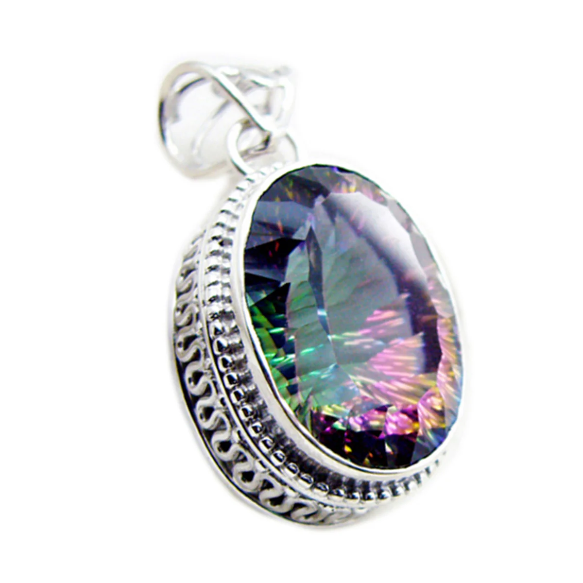 Mystic Quartz Statement Egyptian Silver Solitaire Natalia Rope-Wire multicolor Pendant Jewelry