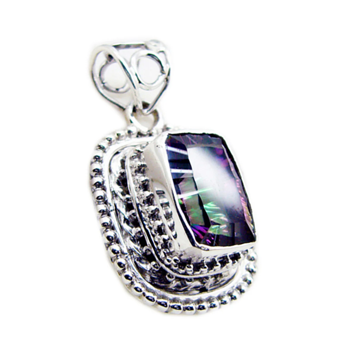 Mystic Quartz Statement Mexican Sterling Silver Solitaire Lily Rope-Wire multicolor Pendant Jewellery
