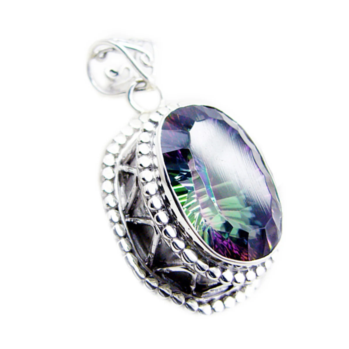 Mystic Quartz Statement Turkish Sterling Silver Solitaire Bianca Rope-Wire multicolor Pendant Jewellery