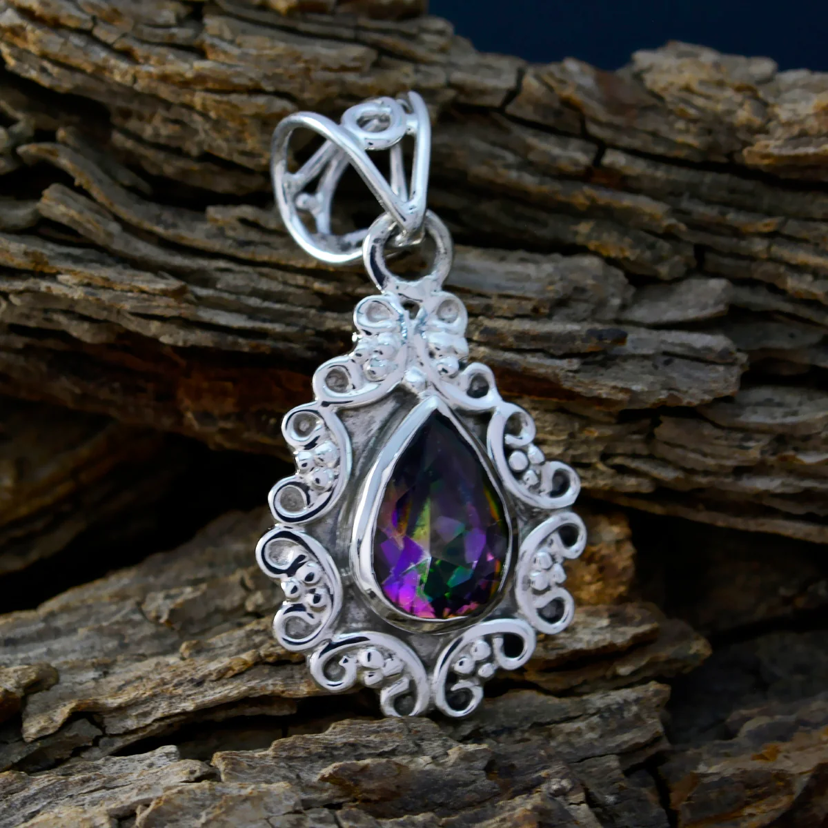 Mystic Quartz Whisper-thin Mexican Silver Solitaire Hannah Rope-Wire multicolor Pendant Jewelry - Image 2