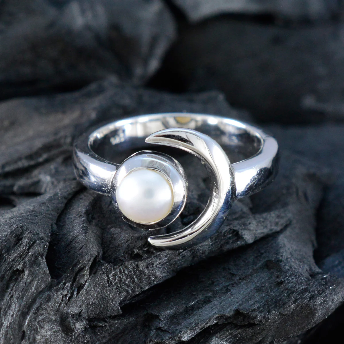 Pearl Solitaire German Sterling Silver White Gems Slim Moon & Sun Ring Jewellery - Image 4