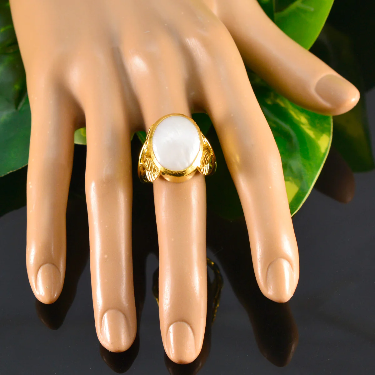 Pearl Solitaire Italian 92.5 Silver White Gemstones Statement Leafy Ring Jewellery - Image 4