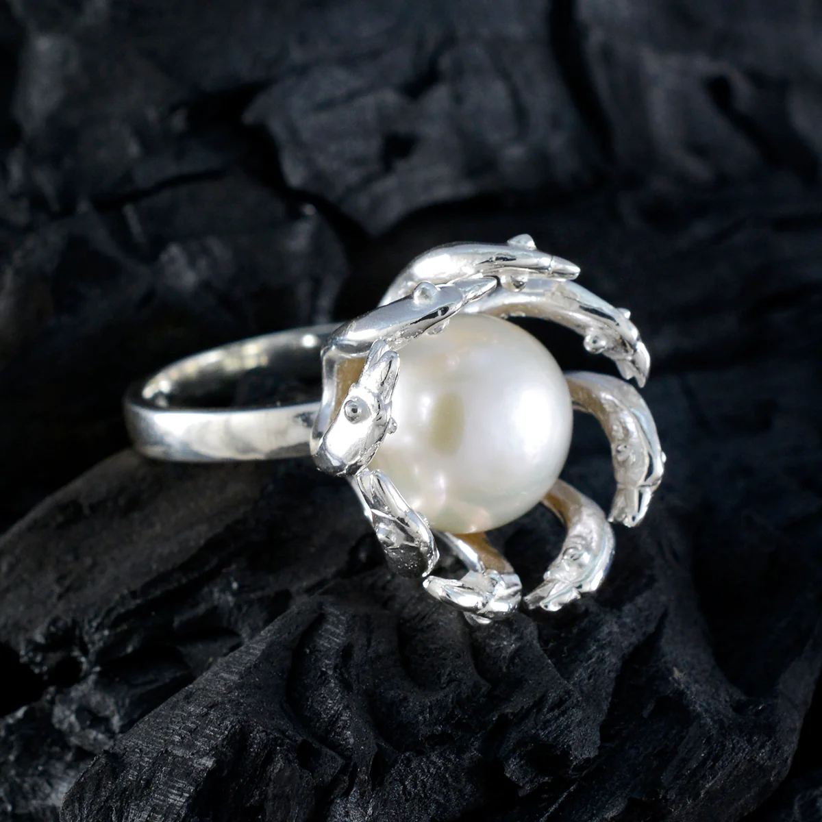 Pearl Solitaire Italian Silver White Gemstones Edgy Abstract Ring Jewelry - Image 5